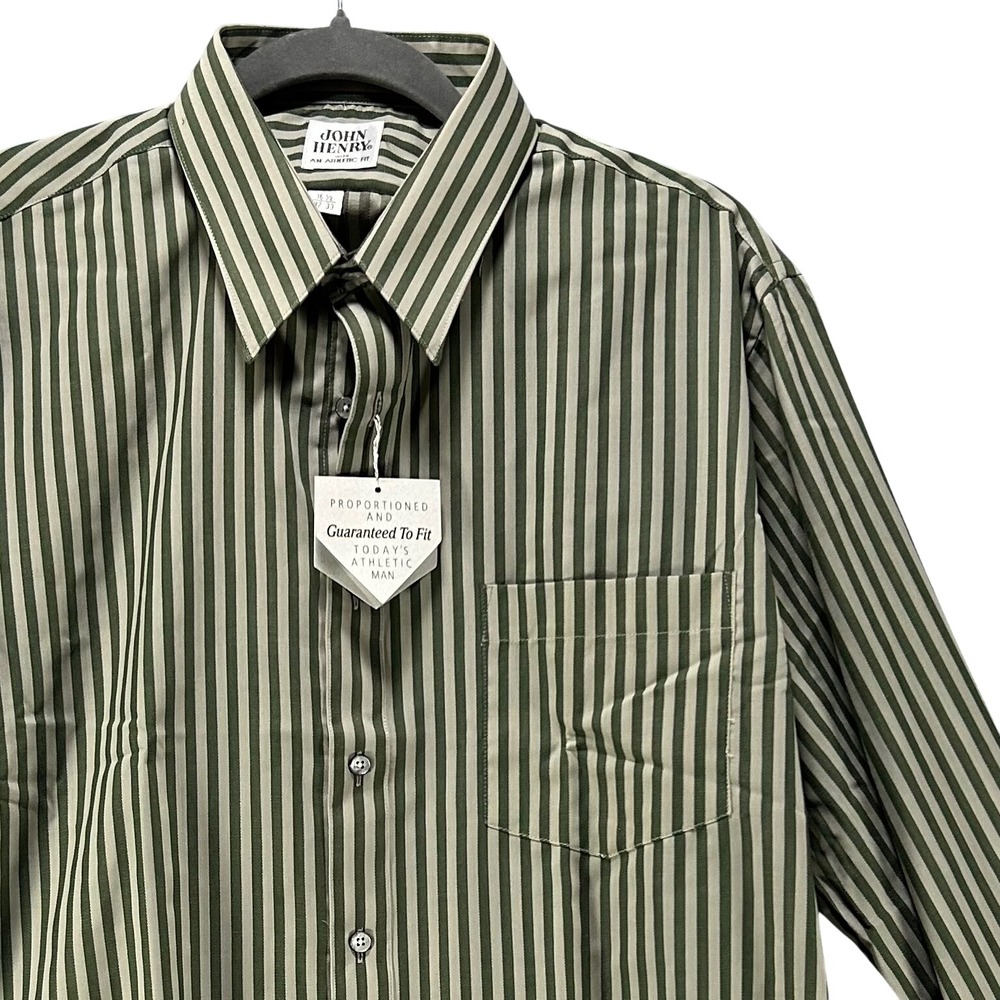 John Henry Dress Shirt Athletic Fit Mens 16.5 32/33 Green Striped Vintage 70's